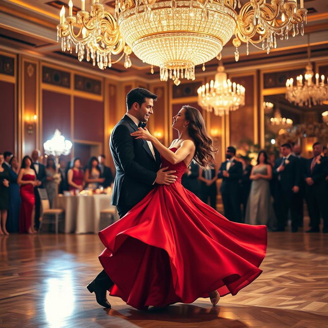 An elegant ballroom scene, featuring a glamorous couple dancing under a sparkling chandelier