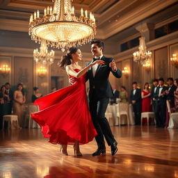 An elegant ballroom scene, featuring a glamorous couple dancing under a sparkling chandelier