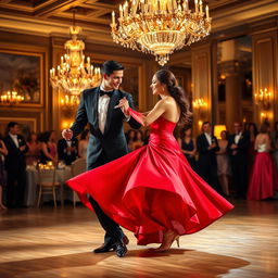 An elegant ballroom scene, featuring a glamorous couple dancing under a sparkling chandelier