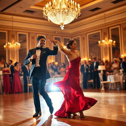 An elegant ballroom scene, featuring a glamorous couple dancing under a sparkling chandelier