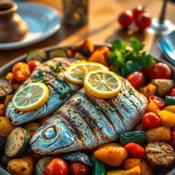 A beautifully arranged platter of grilled fish and roasted vegetables