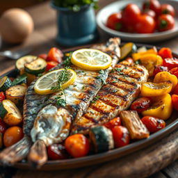A beautifully arranged platter of grilled fish and roasted vegetables