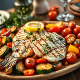 A beautifully arranged platter of grilled fish and roasted vegetables