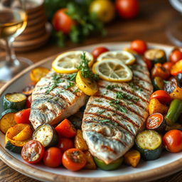 A beautifully arranged platter of grilled fish and roasted vegetables