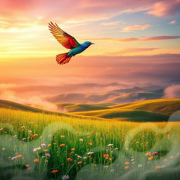A dreamy landscape reflecting the feeling of longing and flight, featuring an ethereal scene where a colorful, majestic bird soars above a vibrant green meadow filled with wildflowers
