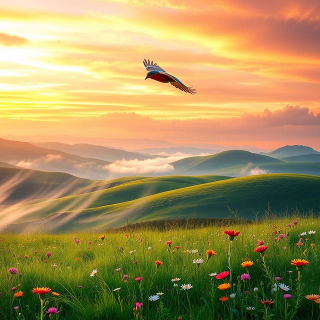 A dreamy landscape reflecting the feeling of longing and flight, featuring an ethereal scene where a colorful, majestic bird soars above a vibrant green meadow filled with wildflowers