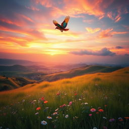 A dreamy landscape reflecting the feeling of longing and flight, featuring an ethereal scene where a colorful, majestic bird soars above a vibrant green meadow filled with wildflowers