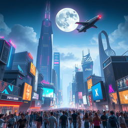 A visually striking and dynamic scene of a futuristic city skyline at night, illuminated by colorful neon lights and holograms