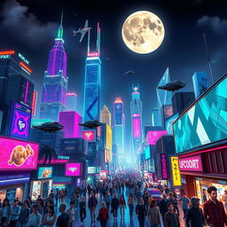 A visually striking and dynamic scene of a futuristic city skyline at night, illuminated by colorful neon lights and holograms