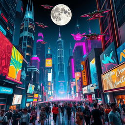 A visually striking and dynamic scene of a futuristic city skyline at night, illuminated by colorful neon lights and holograms