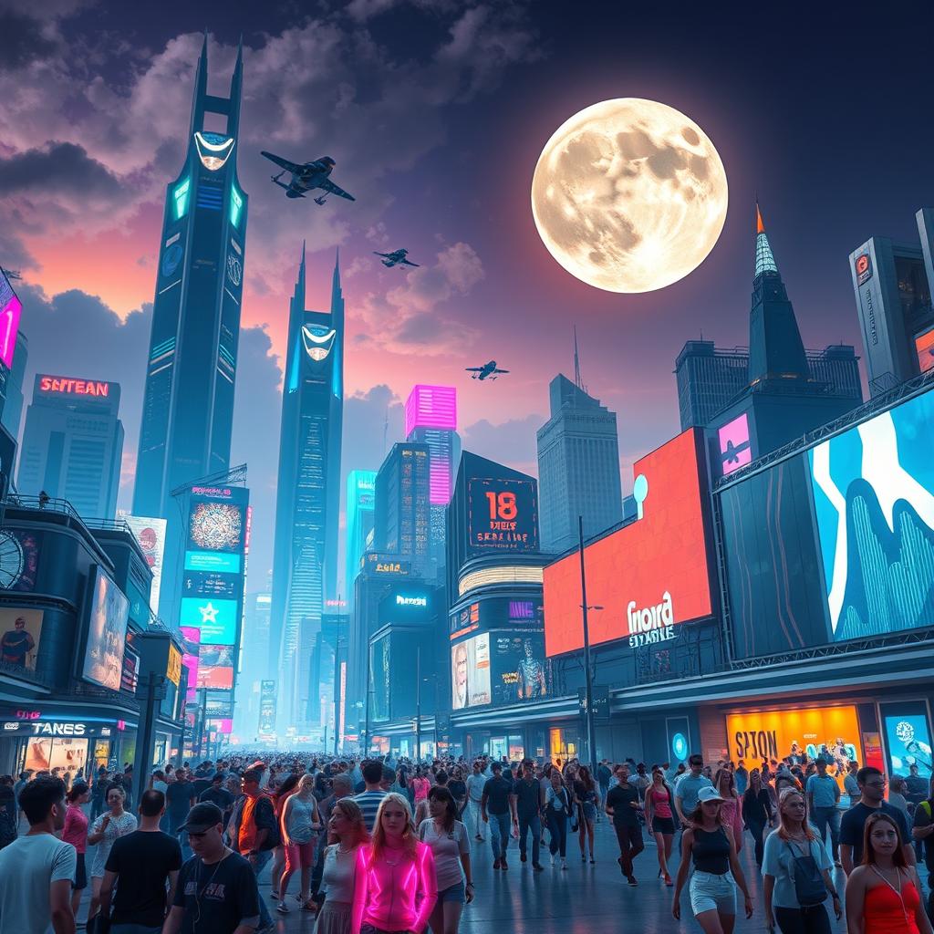 A visually striking and dynamic scene of a futuristic city skyline at night, illuminated by colorful neon lights and holograms