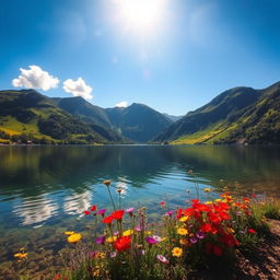A picturesque landscape featuring a tranquil lake surrounded by lush green mountains under a bright blue sky