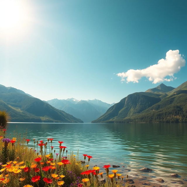 A picturesque landscape featuring a tranquil lake surrounded by lush green mountains under a bright blue sky