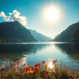 A picturesque landscape featuring a tranquil lake surrounded by lush green mountains under a bright blue sky