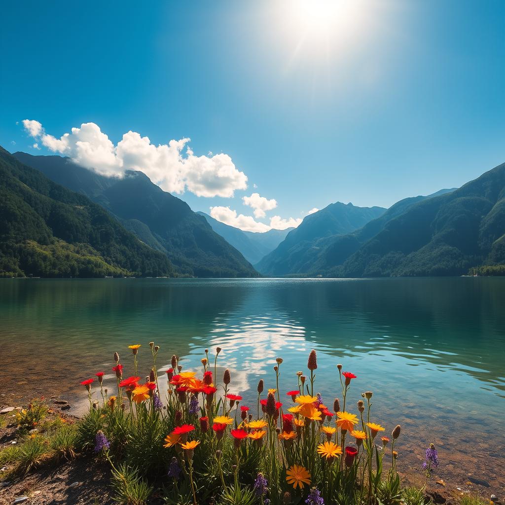 A picturesque landscape featuring a tranquil lake surrounded by lush green mountains under a bright blue sky