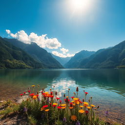 A picturesque landscape featuring a tranquil lake surrounded by lush green mountains under a bright blue sky