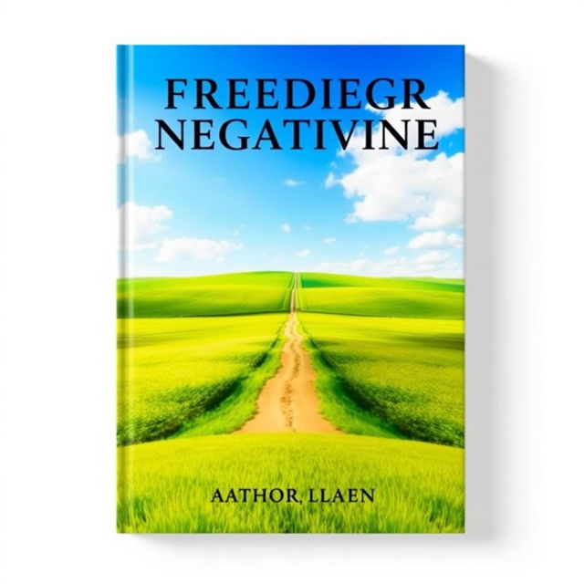 A flat book cover design featuring a realistic and vibrant landscape with bright blue skies and lush green fields, symbolizing freedom and positivity