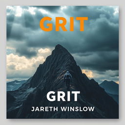 A flat book cover design titled "Grit" by Jareth Winslow, featuring a realistic landscape of a rugged mountain peak under a dramatic sky filled with storm clouds