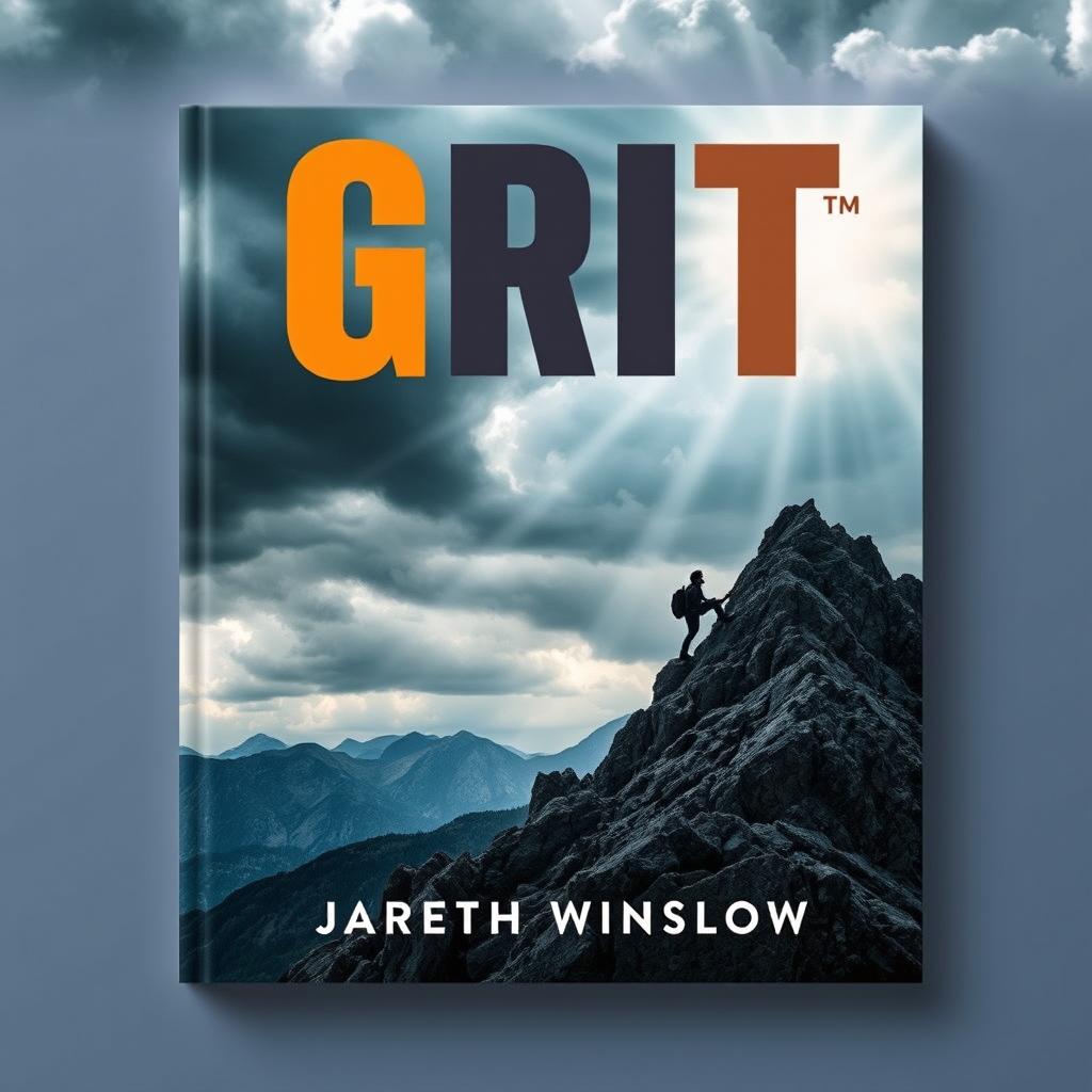 A flat book cover design titled "Grit" by Jareth Winslow, featuring a realistic landscape of a rugged mountain peak under a dramatic sky filled with storm clouds