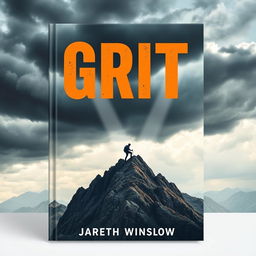A flat book cover design titled "Grit" by Jareth Winslow, featuring a realistic landscape of a rugged mountain peak under a dramatic sky filled with storm clouds
