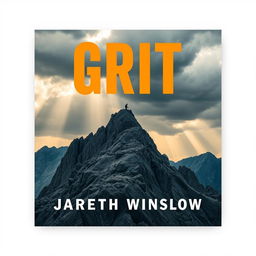 A flat book cover design titled "Grit" by Jareth Winslow, featuring a realistic landscape of a rugged mountain peak under a dramatic sky filled with storm clouds