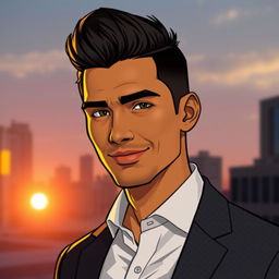 A sleek and modern portrait of a male character named Macalister Silva, featuring sharp features and a confident expression
