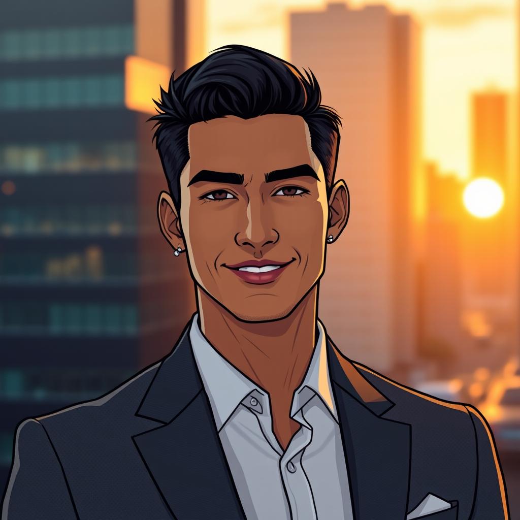 A sleek and modern portrait of a male character named Macalister Silva, featuring sharp features and a confident expression