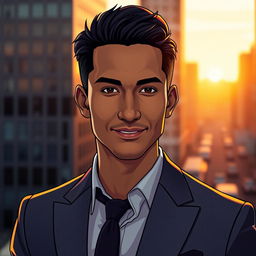 A sleek and modern portrait of a male character named Macalister Silva, featuring sharp features and a confident expression