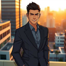 A sleek and modern portrait of a male character named Macalister Silva, featuring sharp features and a confident expression
