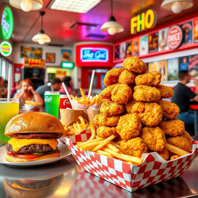 A vibrant and enticing fast food restaurant scene featuring a variety of delicious items including juicy burgers, crispy fries, colorful sodas, and mouth-watering chicken nuggets piled high on a checkered paper tray