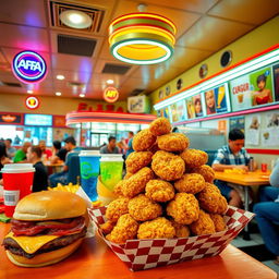 A vibrant and enticing fast food restaurant scene featuring a variety of delicious items including juicy burgers, crispy fries, colorful sodas, and mouth-watering chicken nuggets piled high on a checkered paper tray