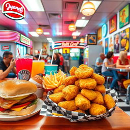 A vibrant and enticing fast food restaurant scene featuring a variety of delicious items including juicy burgers, crispy fries, colorful sodas, and mouth-watering chicken nuggets piled high on a checkered paper tray