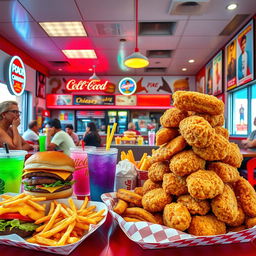 A vibrant and enticing fast food restaurant scene featuring a variety of delicious items including juicy burgers, crispy fries, colorful sodas, and mouth-watering chicken nuggets piled high on a checkered paper tray