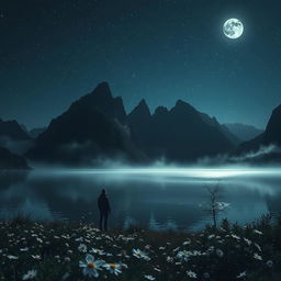 A mysterious and ethereal landscape featuring a serene lake surrounded by dark, towering mountains under a starry night sky