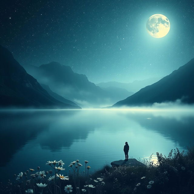 A mysterious and ethereal landscape featuring a serene lake surrounded by dark, towering mountains under a starry night sky