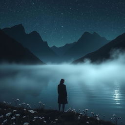 A mysterious and ethereal landscape featuring a serene lake surrounded by dark, towering mountains under a starry night sky