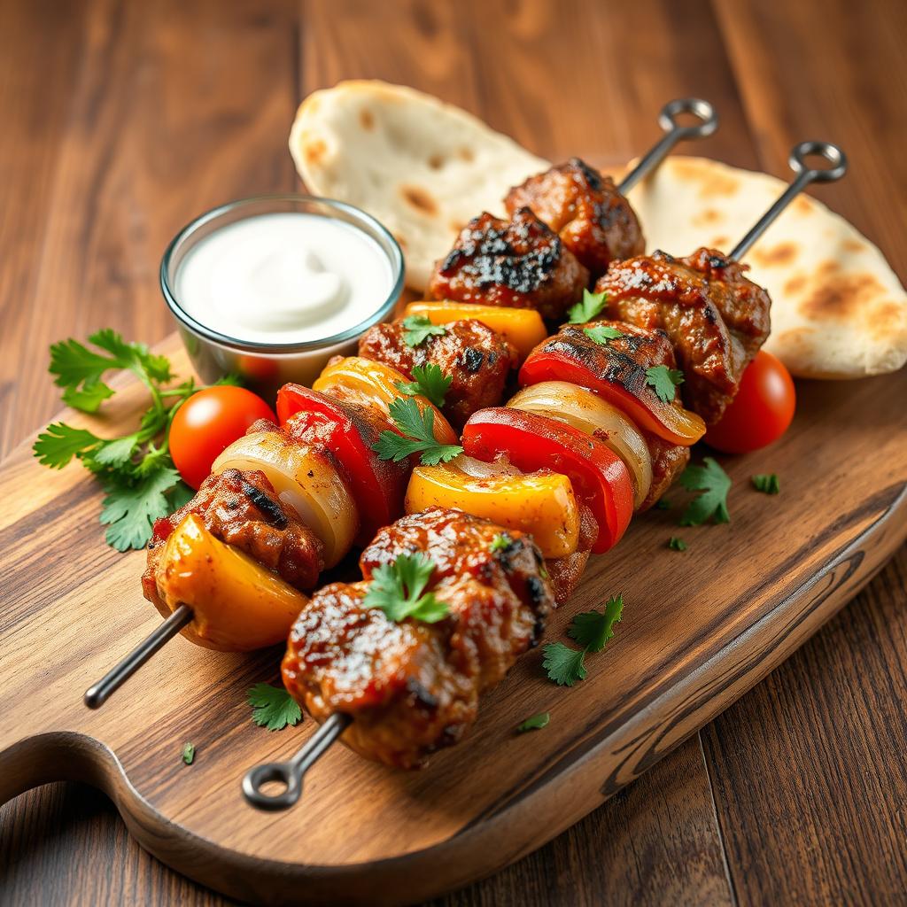 A captivating image featuring a couple of enticing kebab skewers, beautifully grilled to perfection and served on a rustic wooden board