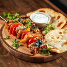 A captivating image featuring a couple of enticing kebab skewers, beautifully grilled to perfection and served on a rustic wooden board