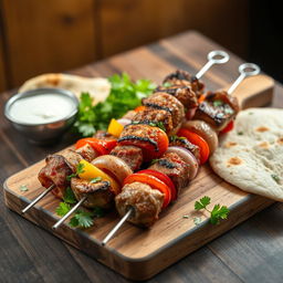 A captivating image featuring a couple of enticing kebab skewers, beautifully grilled to perfection and served on a rustic wooden board
