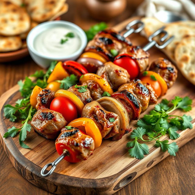 A captivating image featuring a couple of enticing kebab skewers, beautifully grilled to perfection and served on a rustic wooden board