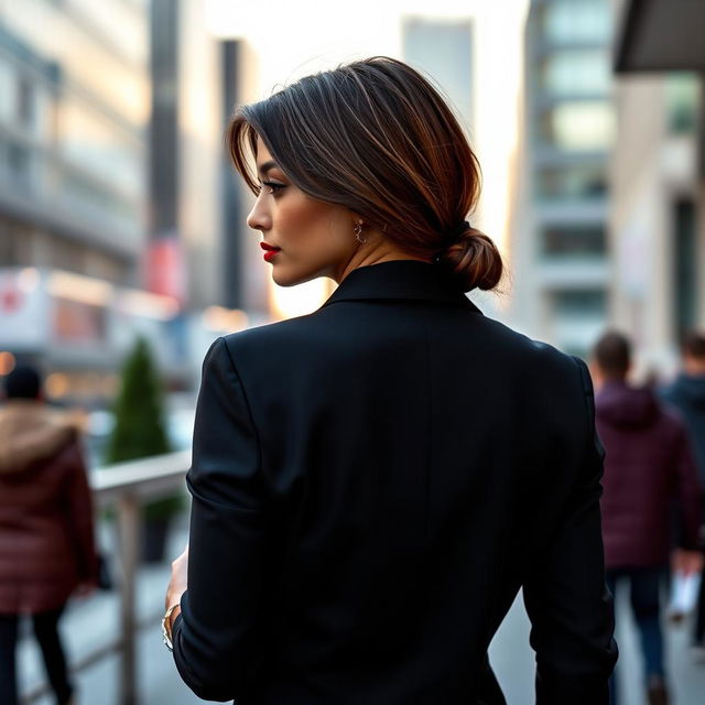 A stylish individual wearing a fitted black jacket that is designed to sit lower on the back, exuding a sense of modern fashion