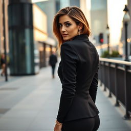 A stylish individual wearing a fitted black jacket that is designed to sit lower on the back, exuding a sense of modern fashion