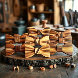 A collection of elegant wood bowties displayed on a rustic wooden table