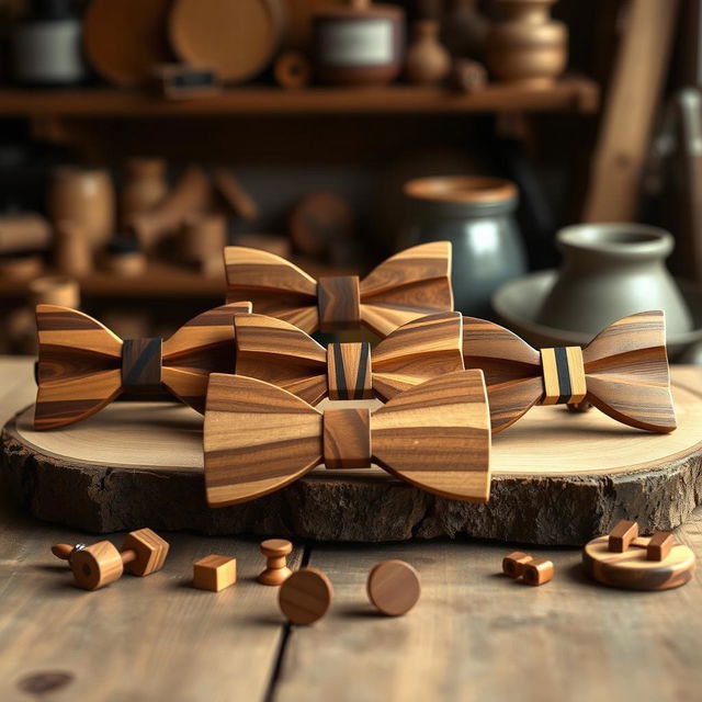 A collection of elegant wood bowties displayed on a rustic wooden table