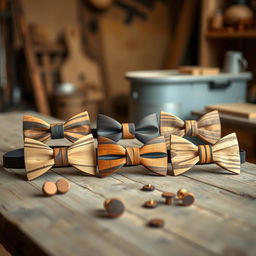 A collection of elegant wood bowties displayed on a rustic wooden table