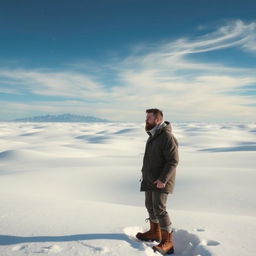 A man standing in a vast snowy desert, wearing a heavy winter jacket and snow boots, with snowflakes gently falling around him