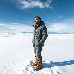 A man standing in a vast snowy desert, wearing a heavy winter jacket and snow boots, with snowflakes gently falling around him
