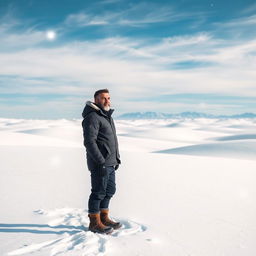 A man standing in a vast snowy desert, wearing a heavy winter jacket and snow boots, with snowflakes gently falling around him