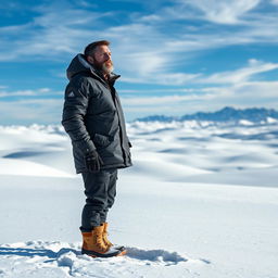 A man standing in a vast snowy desert, wearing a heavy winter jacket and snow boots, with snowflakes gently falling around him