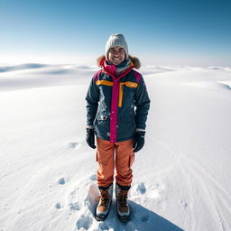 A portrait of a person standing in a snowy desert landscape